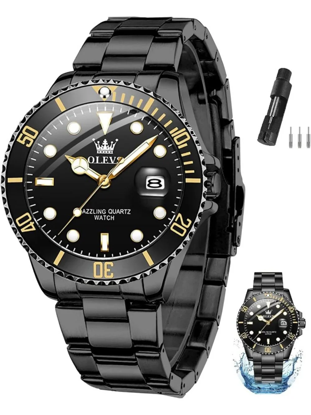 Men's Black Luxury Stainless Steel Waterproof Quartz Big Face Fashion Wristwatch